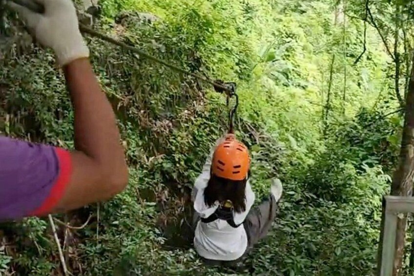 A person in a helmet and harness, suspended in a forested area. 1
