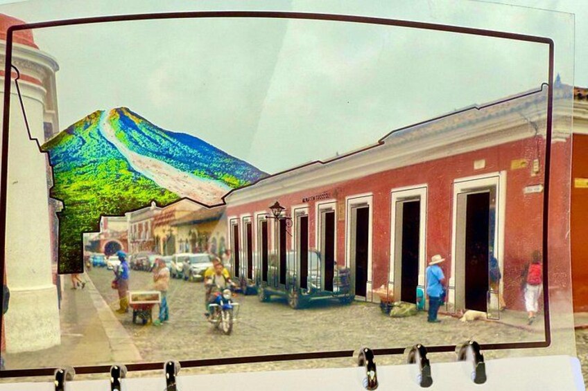 A street scene with buildings, a motorcycle, and a person walking. 5