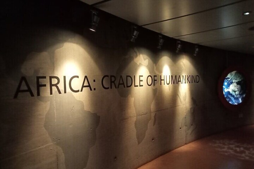 A wall with the text "AFRICA: CRADLE OF HUMANKIND" and a globe. 1