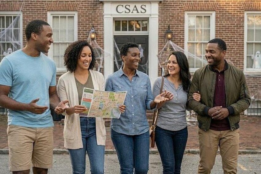 Eine Gruppe von Menschen steht vor einem Gebäude, an dem ein Schild mit der Aufschrift 'CSAS' angebracht ist. 1