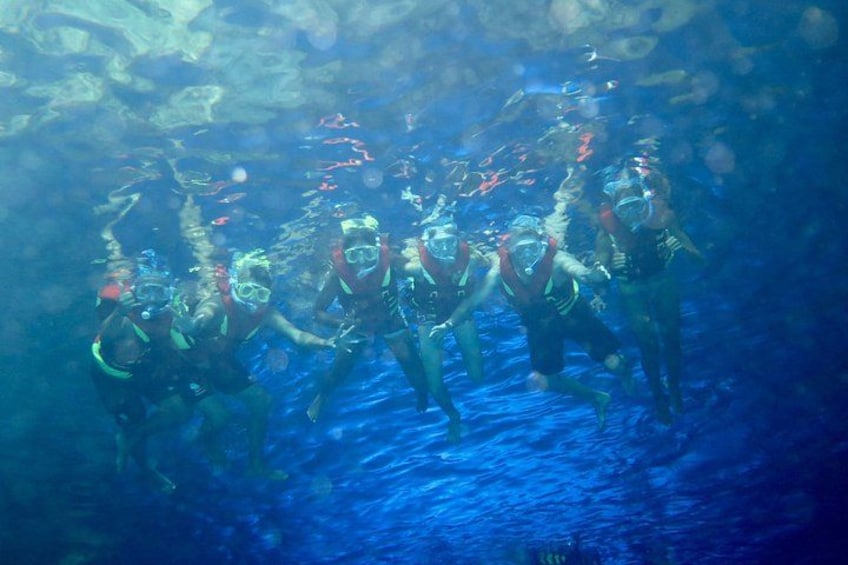 A group of divers underwater, surrounded by aquatic plants and rocks. 5