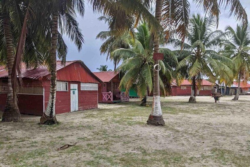 A beach with palm trees, a red building, and a sandy area. 2