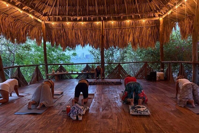 Un grupo de personas haciendo yoga en una terraza de madera con techo de paja, con vista a un paisaje urbano. 4