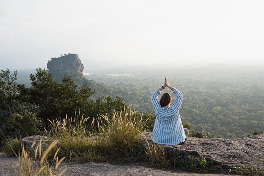 A person meditating on a rock with a view of a forest and a mountain in the distance. 1