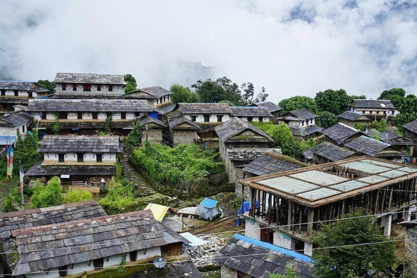 Un village traditionnel avec des maisons à étages, un bâtiment en construction et une végétation luxuriante. 2