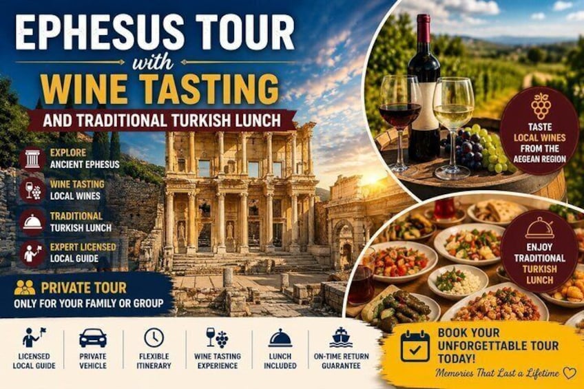 A tour of Ephesus with wine tasting and traditional Turkish lunch. 1