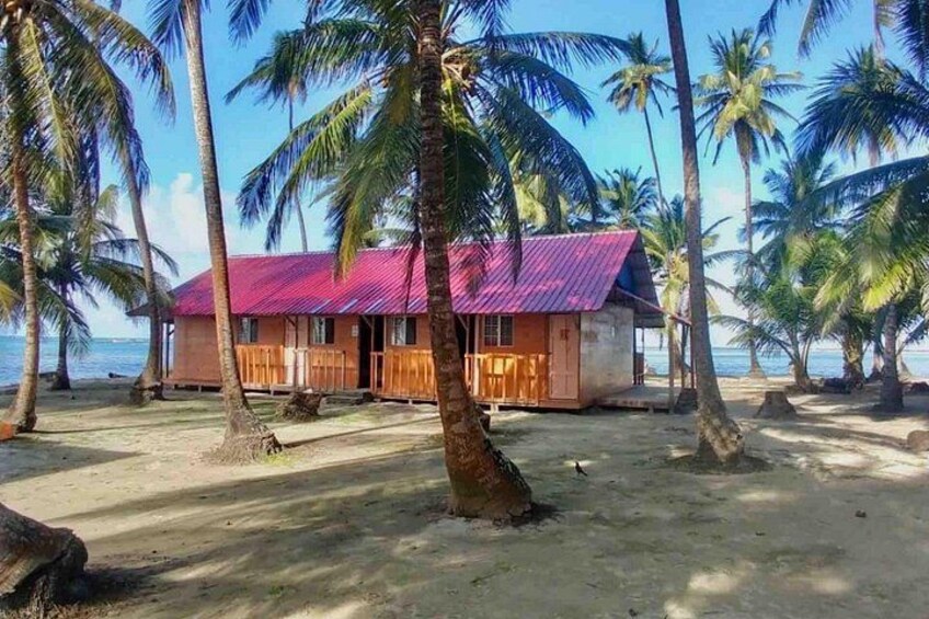 A beach house with a red roof, surrounded by palm trees and a sandy beach. 1