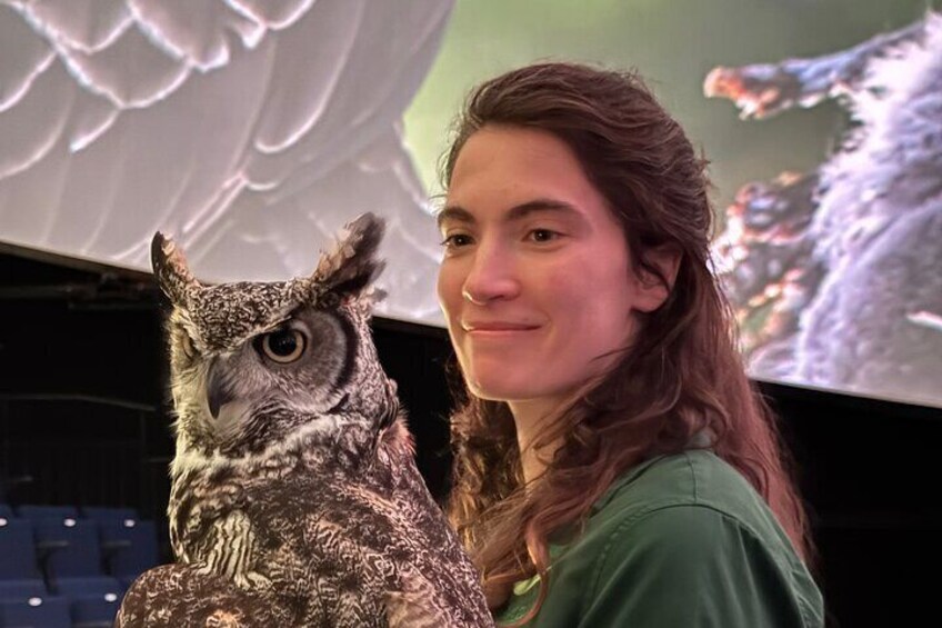 A person holding an owl. 2