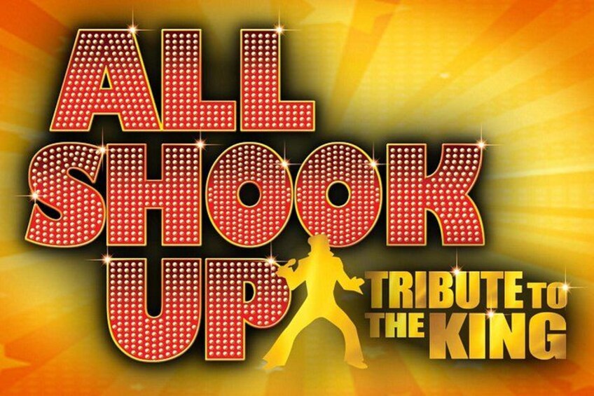 Et livligt, stjernespækket baggrund med teksten 'ALL SHOOK UP' og 'TRIBUTE TO THE KING' tydeligt fremhævet. 1