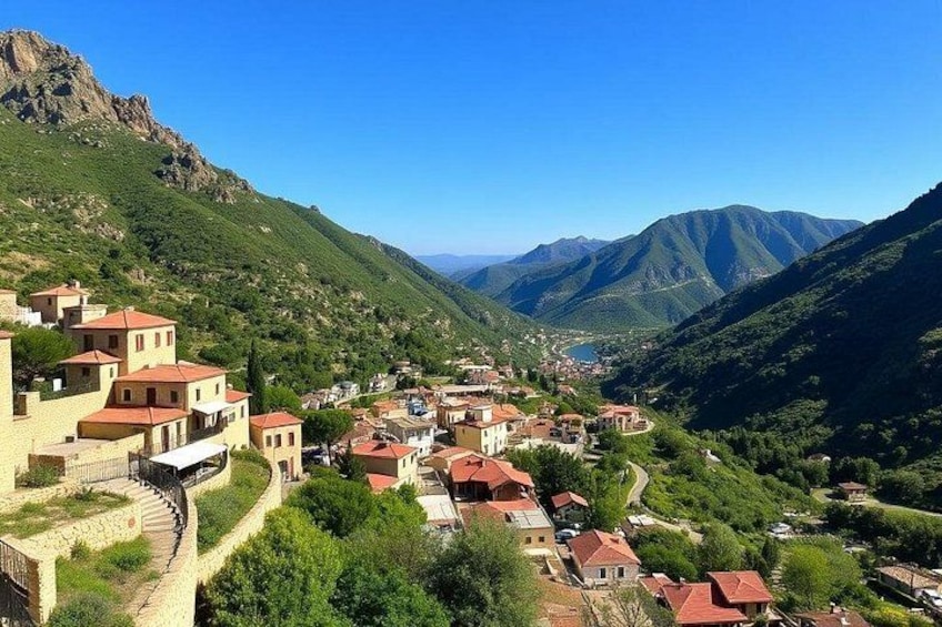 A village nestled in a valley with terraced houses, surrounded by mountains and greenery. 1