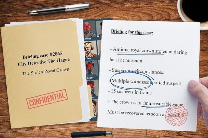 A folder labeled 'Briefing case #2865 City Detective The Hague The Stolen Royal Crown' with a 'CONFIDENTIAL' stamp. 3