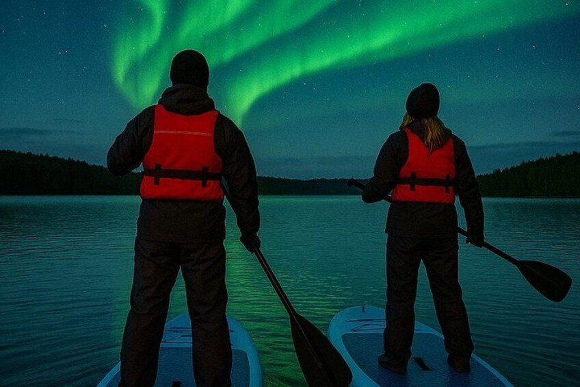 To personer på paddleboards, iført redningsveste, under en nattehimmel med grønne nordlys. 2