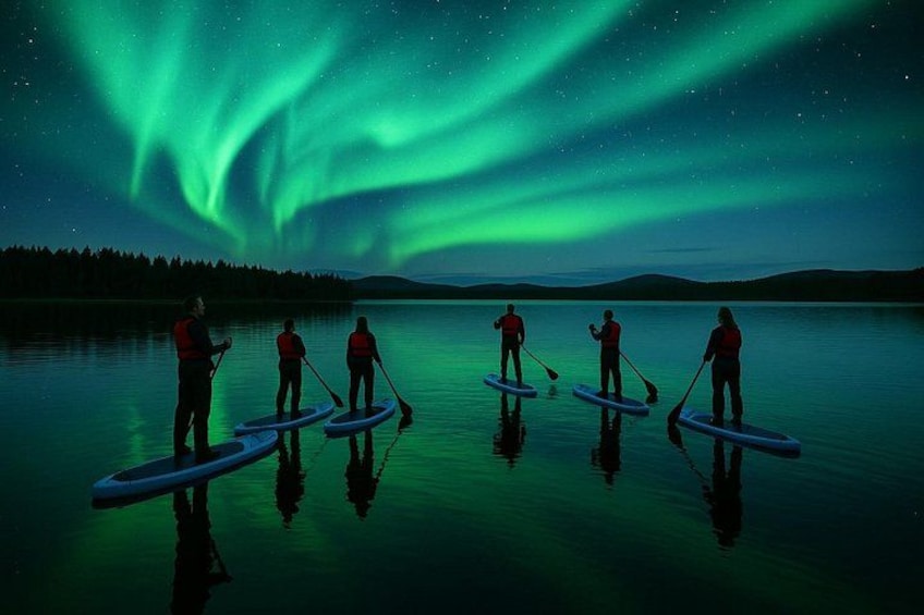 Folk står på paddleboards på en stille sø om natten, med nordlys på himlen. 5