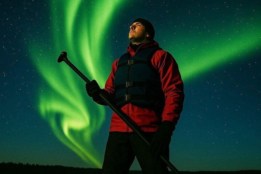 En person i en rød jakke holder en vandrestav og står under nordlyset. 4