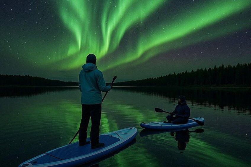 To personer på paddleboards på en stille sø med nordlys i baggrunden. 1