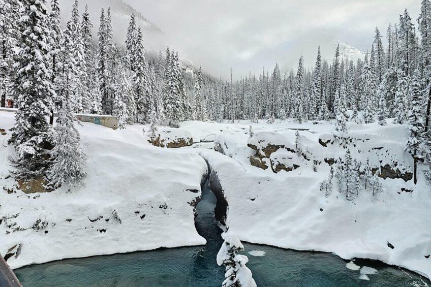 Een besneeuwd landschap met een rivier, bomen en een berg op de achtergrond. 1