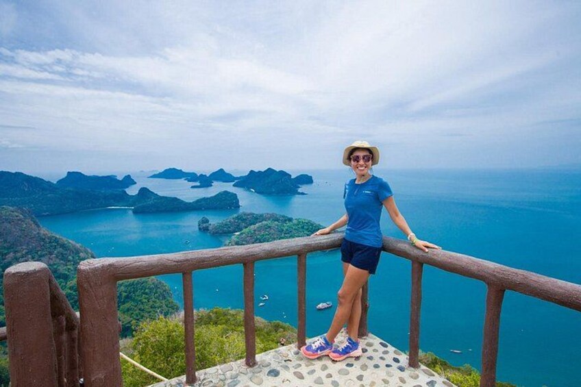 Eine Person steht auf einer Aussichtsplattform mit Geländer und blickt auf eine Küstenlandschaft mit Inseln und dem Meer. 1