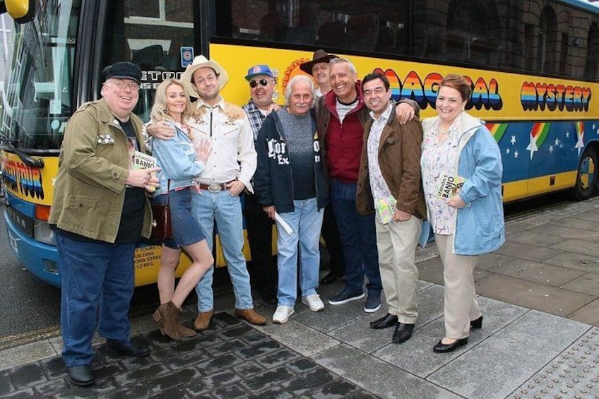 The Beatles' original drummer Pete Best and the cast of 'Lennon's Banjo' with the Beatles Magical Mystery Tour 2