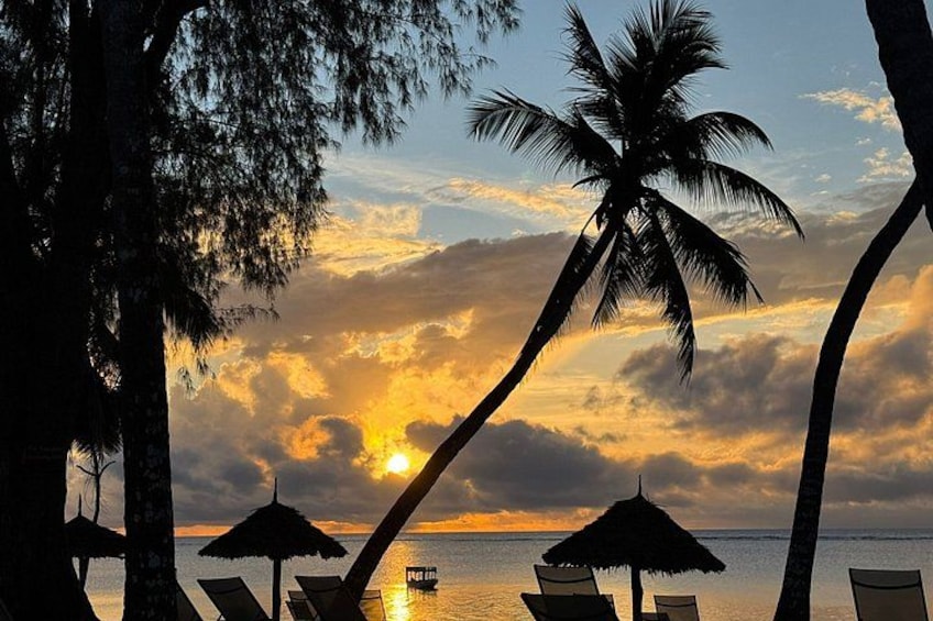 Escena de playa con palmeras, sillas de descanso y un atardecer sobre el océano. 5