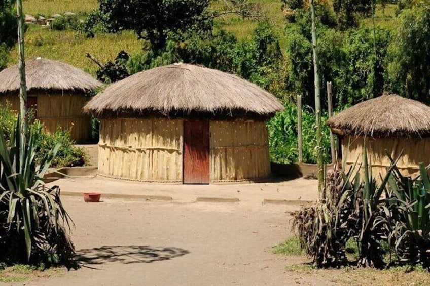 Des huttes aux toits de chaume, situées dans un cadre rural, avec un chemin de terre et une végétation luxuriante tout autour. 3