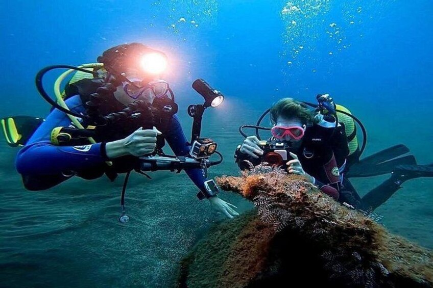 Due subacquei sott'acqua, uno sta fotografando con una macchina fotografica e l'altro tiene in mano una luce. 3