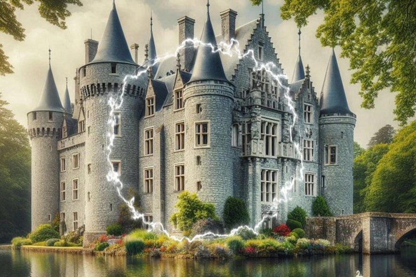 Un castillo con múltiples torres, un foso y efectos de relámpagos. 1