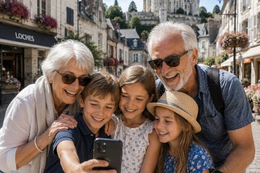 A family taking a selfie in a European town square with historic buildings and a shop named 'LOCHES' in the background. 2