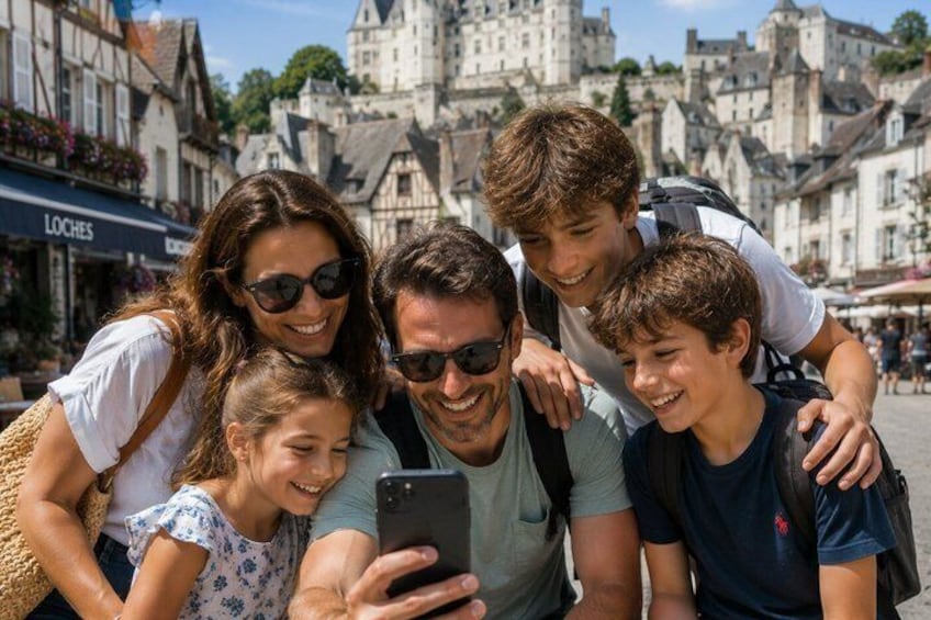 A family taking a selfie in a European town square with historic buildings in the background. 3