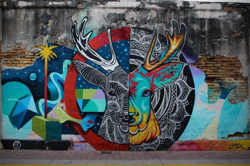 A colorful mural with a deer and abstract patterns on a wall. 2