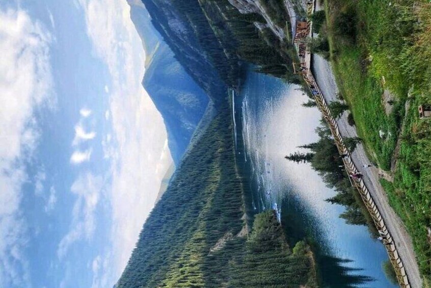 Een trein op een brug over een rivier, omringd door bos en bergen. 4