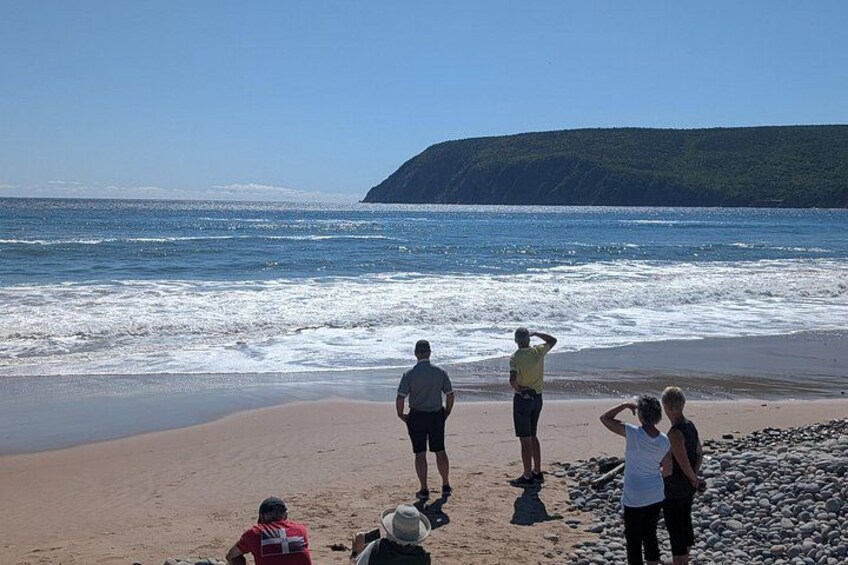 A beach with people standing and looking at the ocean, a sandy shore, and a distant hill. 3