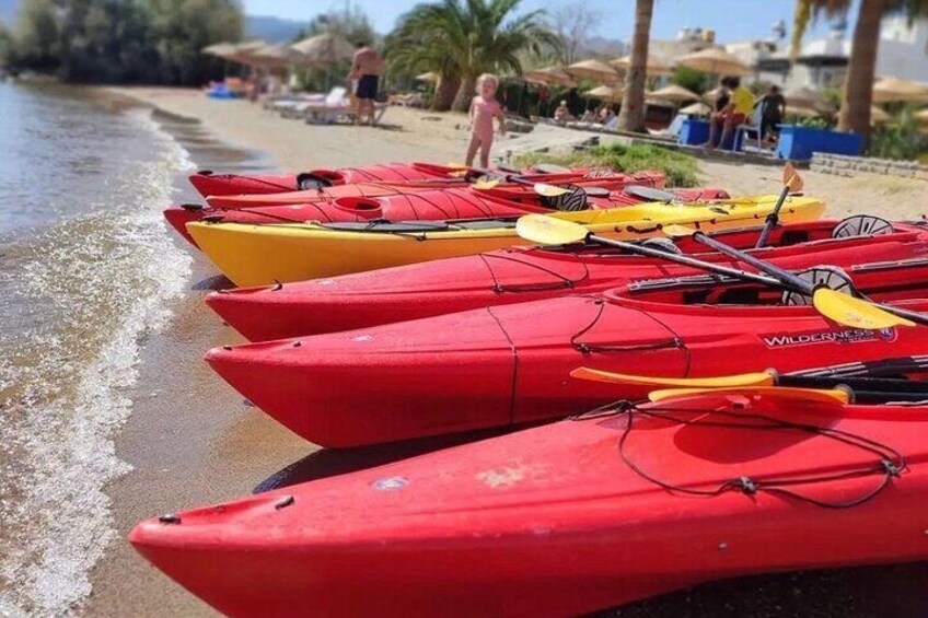 Red kayaks lined up on a beach with people in the background. 3