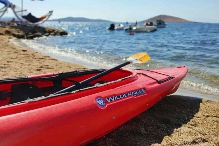 A red kayak with a Wilderness logo on a beach with calm water and boats in the background. 5