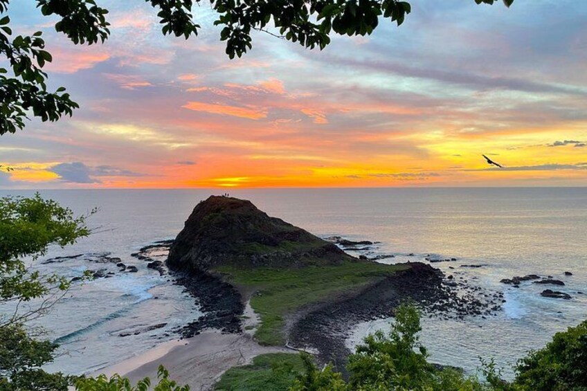 Un paysage côtier avec une formation rocheuse imposante, un oiseau en vol et un coucher de soleil. 5