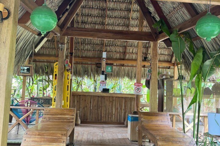 Une structure en bois surmontée d’un toit de chaume, avec un comptoir et des lanternes vertes suspendues. 2