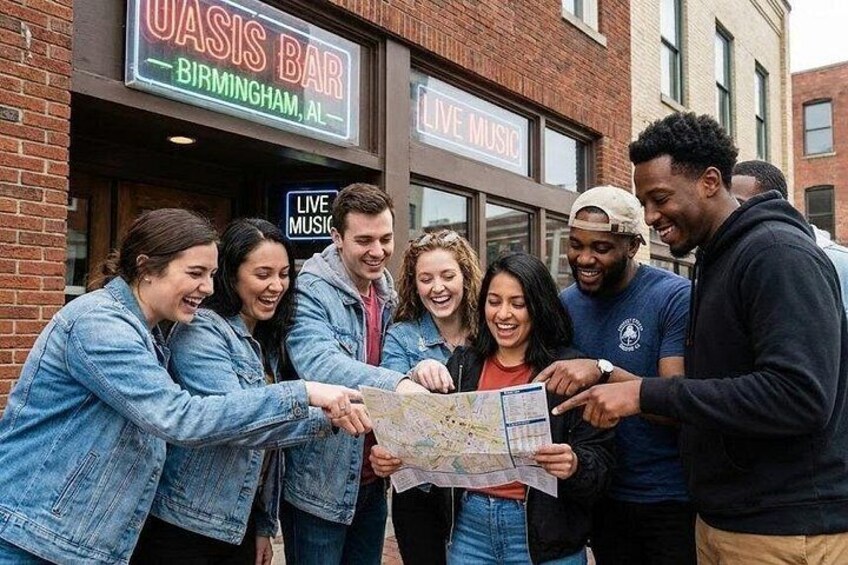 A group of people examining a map outside a bar with a sign reading 'OASIS BAR BIRMINGHAM, AL' and 'LIVE MUSIC'. 1