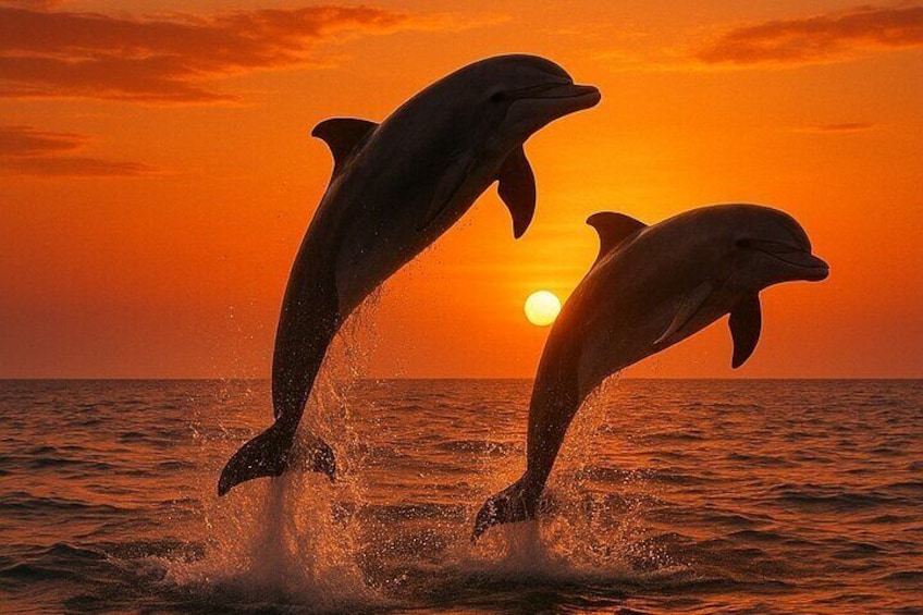 Delfines saltando fuera del agua al atardecer. 1