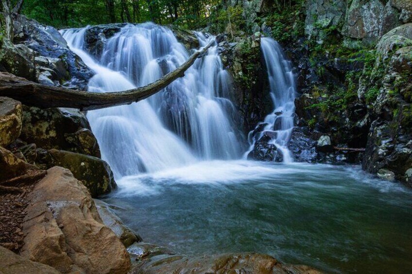 A waterfall cascading over rocks in a forested area. 5
