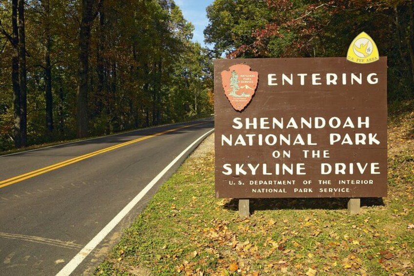 A road sign for Shenandoah National Park on Skyline Drive. 1