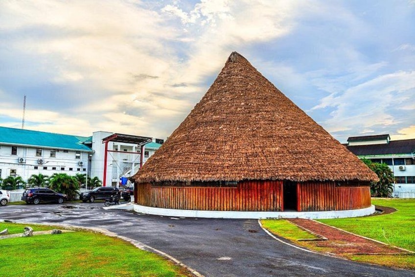 A thatched-roof building with a curved roof, surrounded by a paved area and a grassy field. 3