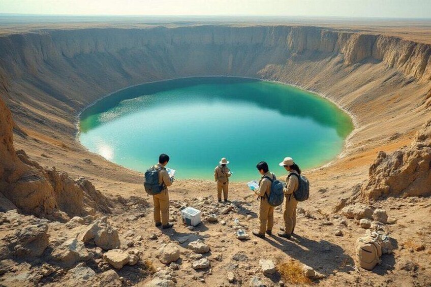 Un groupe de personnes se tient sur un terrain rocheux, surplombant une vaste étendue d’eau circulaire, elle-même entourée d’un paysage aride. 4