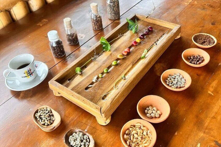 A wooden tray with various spices and herbs, a cup of coffee, and bowls of nuts and seeds on a wooden table. 4