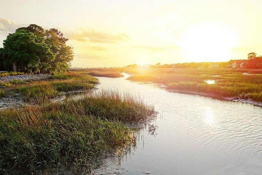 A river with grassy banks, a tree, and a sunset. 2