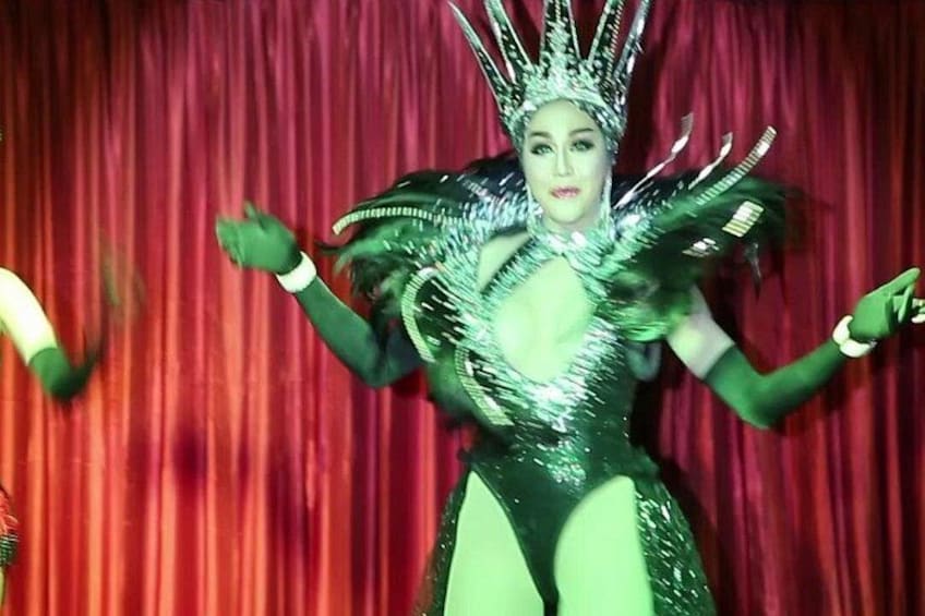 Una persona con un costume verde, una cuffia argentata e guanti verdi. 2