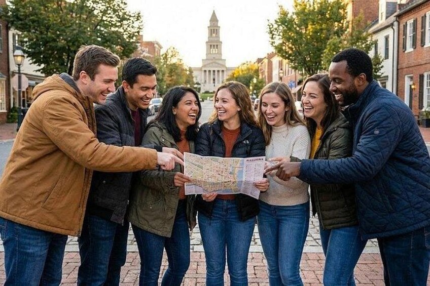 Een groep mensen bestudeert een kaart op een stadsstraat. 1