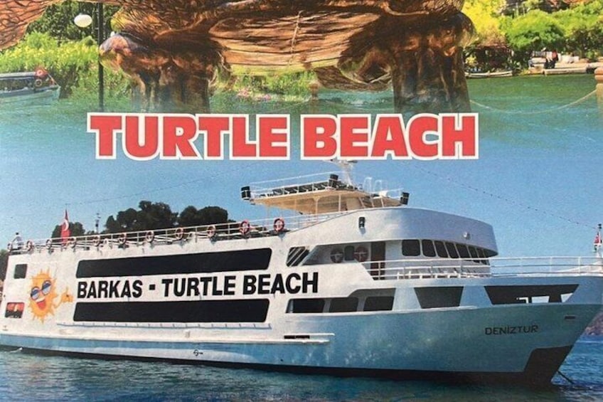 A boat named 'Barkas - Turtle Beach' with 'DENIZTUR' written on the side, docked at a beach. 5