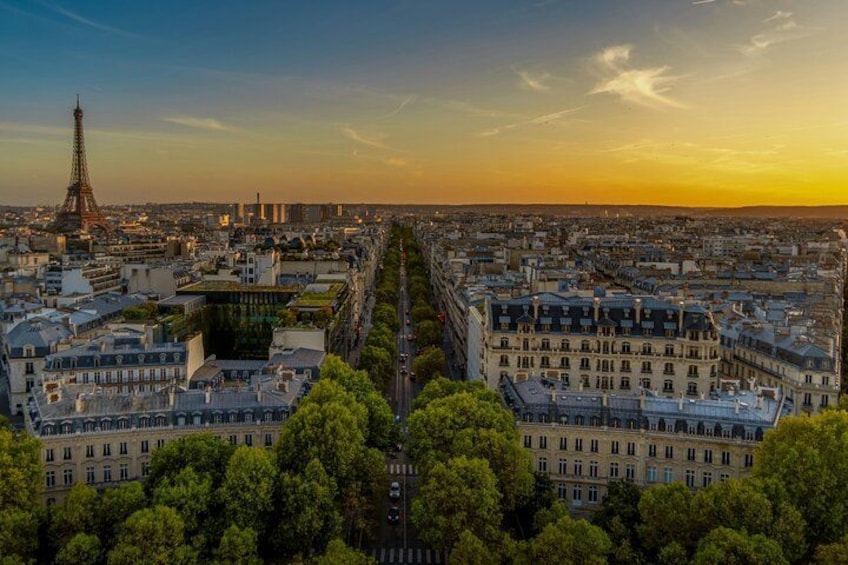 Un paisaje urbano con la Torre Eiffel, edificios densos y una avenida arbolada. 2