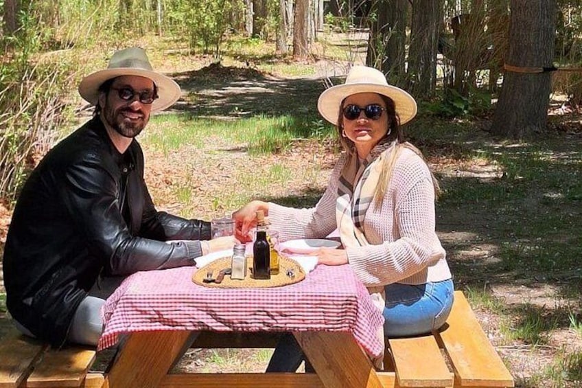 Två personer sitter vid ett picknickbord utomhus, med en rutig duk på bordet, och omges av träd. 4