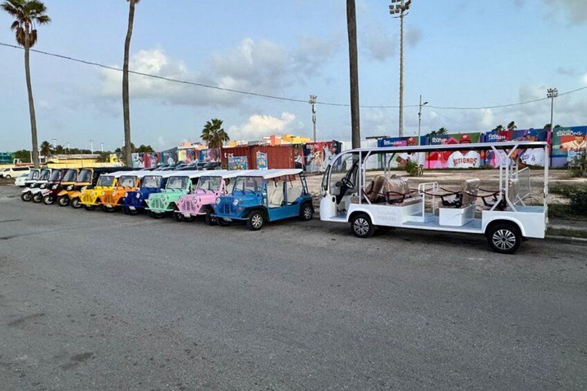 A row of colorful tuk-tuks parked on a street with palm trees and billboards in the background. 4