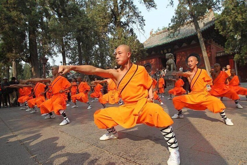 A group of people in orange robes performing martial arts in an outdoor setting with trees and traditional architecture in the background. 5